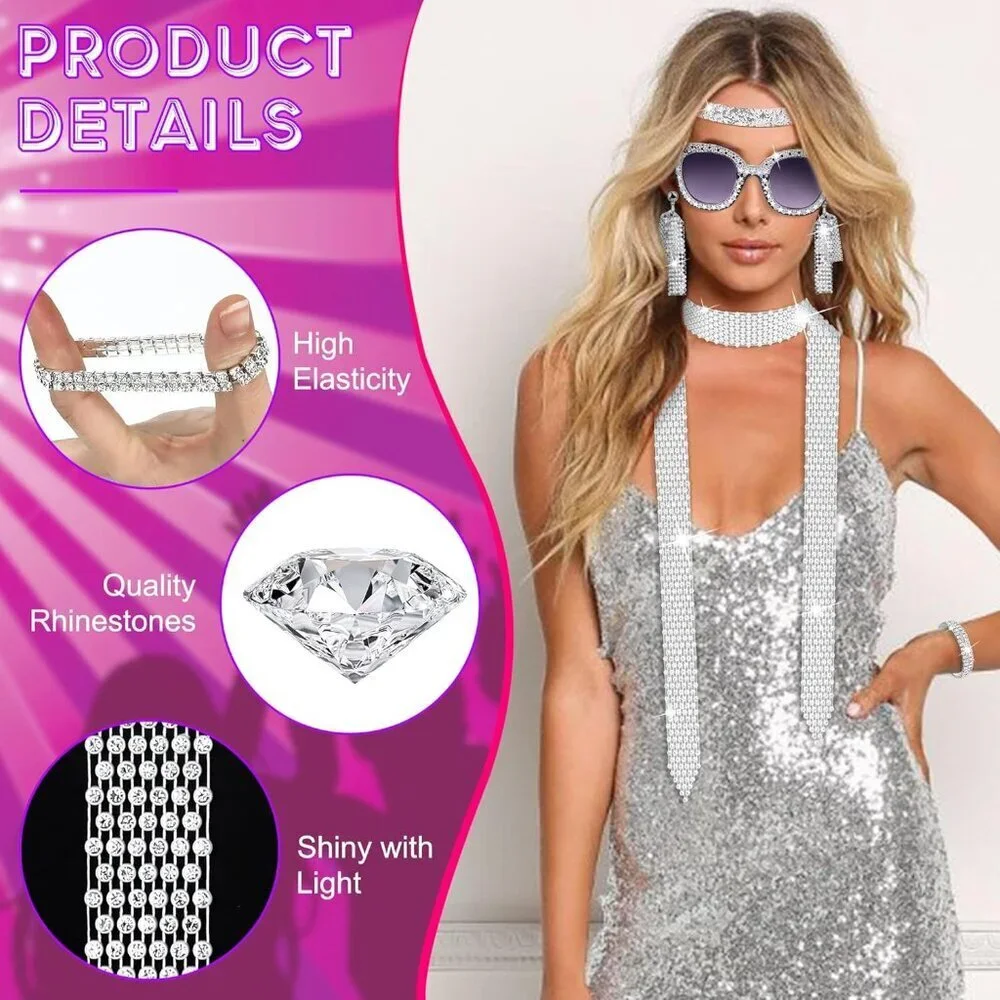 6 Pcs 70s Disco Accessories Jewelry Set Earrings Ring Sunglasses Scarf Headband